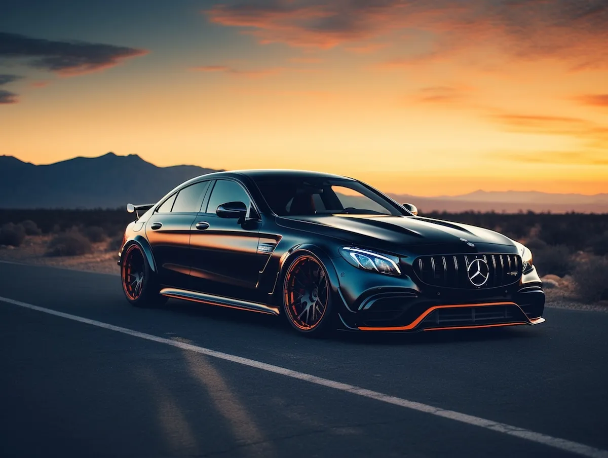arafed-mercedes-car-driving-road-sunset-generative-ai