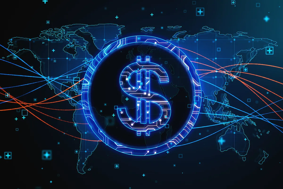 blockchain-market-usd-currency-concept-with-blue-glowing-digital-dollar-symbol-abstract-technological-backdrop-with-world-map-waving-lines-3d-rendering