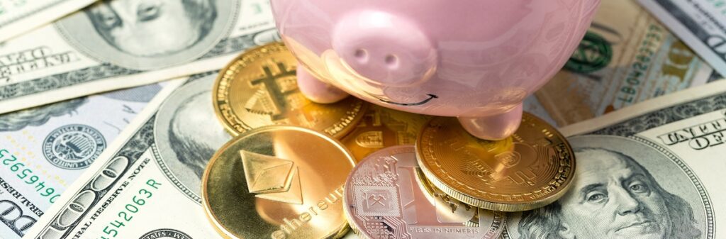 pig piggy bank background 100 us dollar bills physical coins bitcoins