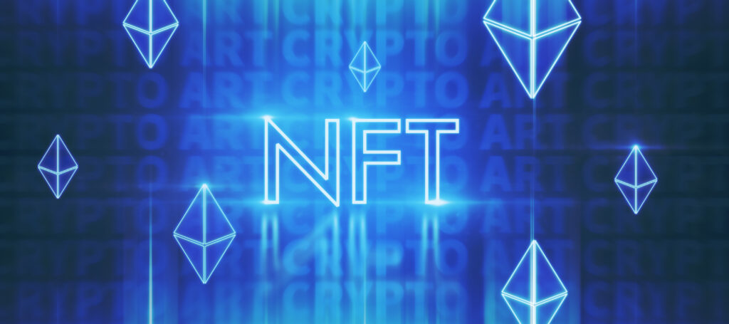 abstract glowing nft non fungible token concept dark blue background blockchain ethereum concept 3d rendering